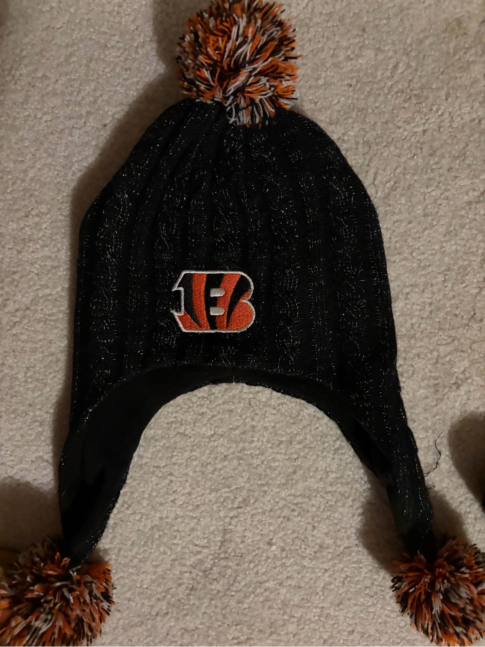 Kids Black and Orange Pom-Pom Earflap Beanie with Team Logo